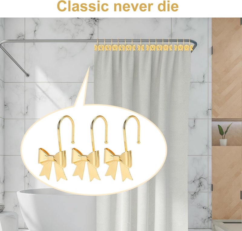 YanKiTour Bow Shower Curtain Hooks, 12 Pack Metal Decorative Rings, Rustproof Bow Knot Design for Bathroom Bedroom Living Room Baby Room Nursery Art Decor (Gold 1) - Image 2